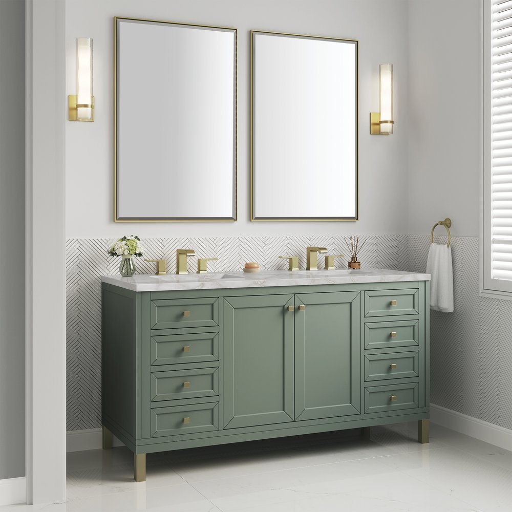 James Martin - Chicago 60" Double Vanity, Smokey Celadon, w/ 3 CM Victorian Silver Silestone® Top w/FreePower Wireless Charger - 503-V60D-SC-FVSL view 6