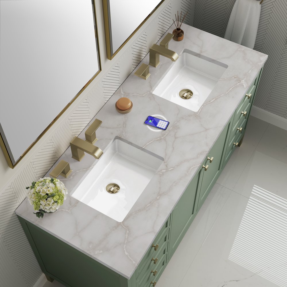 James Martin - Chicago 60" Double Vanity, Smokey Celadon, w/ 3 CM Victorian Silver Silestone® Top w/FreePower Wireless Charger - 503-V60D-SC-FVSL view 9