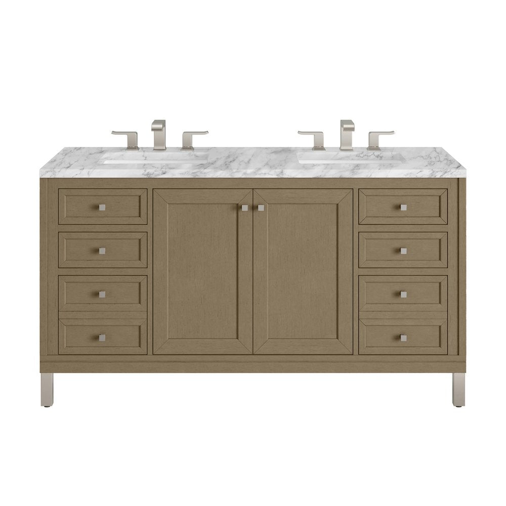 James Martin - Chicago 60" Double Vanity, Walnut Whisper, w/ 3 CM Carrara Marble Top - 503-V60D-WLW-3CAR view 1