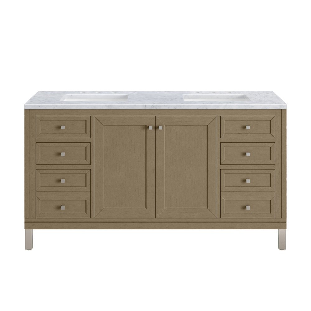 James Martin - Chicago 60" Double Vanity, Walnut Whisper, w/ 3 CM Carrara Marble Top - 503-V60D-WLW-3CAR view 2