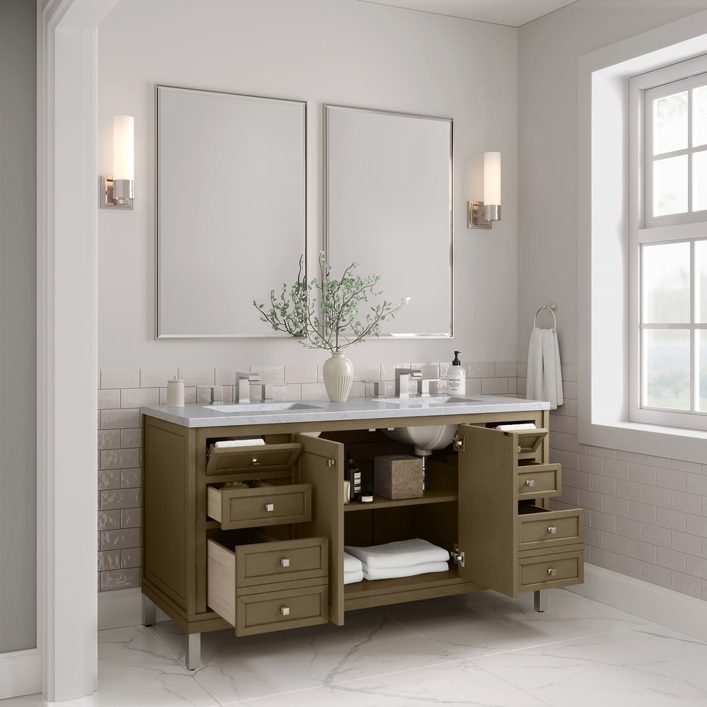James Martin - Chicago 60" Double Vanity, Walnut Whisper, w/ 3 CM Carrara Marble Top - 503-V60D-WLW-3CAR view 10