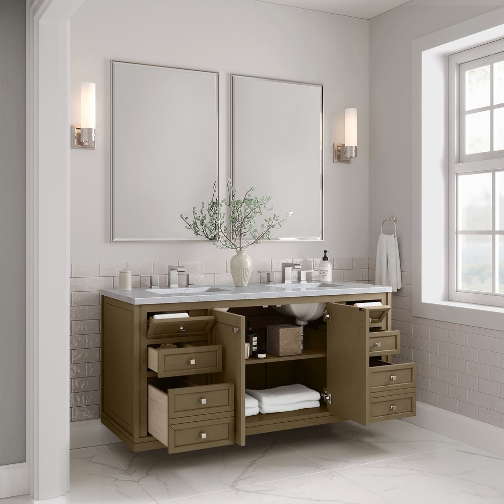 James Martin - Chicago 60" Double Vanity, Walnut Whisper, w/ 3 CM Carrara Marble Top - 503-V60D-WLW-3CAR view 11