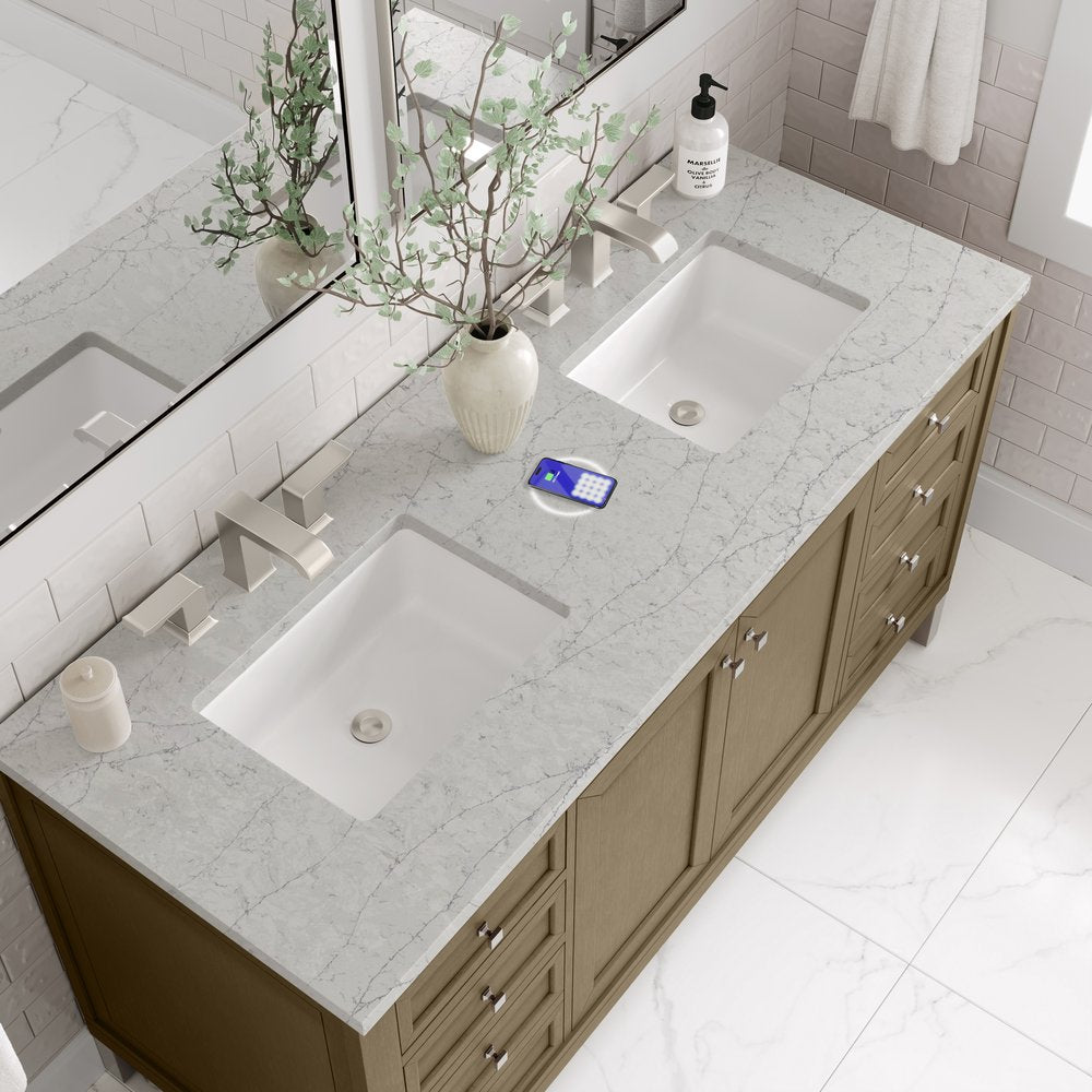 James Martin - Chicago 60" Double Vanity, Walnut Whisper, w/ 3 CM Eternal Jasmine Pearl Silestone® Top w/FreePower Wireless Charger - 503-V60D-WLW-FEJP view 14