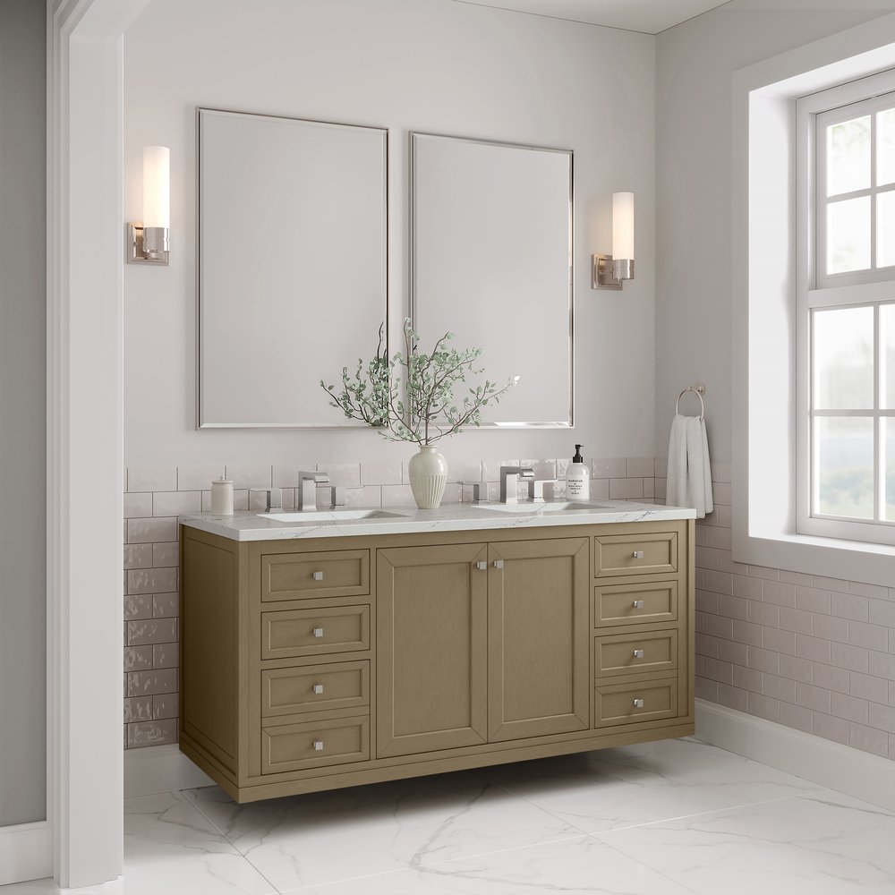 James Martin - Chicago 60" Double Vanity, Walnut Whisper, w/ 3 CM Ethereal Noctis Silestone® Top w/FreePower Wireless Charger - 503-V60D-WLW-FENC view 10