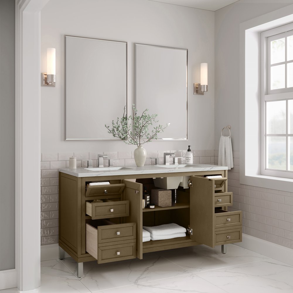 James Martin - Chicago 60" Double Vanity, Walnut Whisper, w/ 3 CM Ethereal Noctis Silestone® Top w/FreePower Wireless Charger - 503-V60D-WLW-FENC view 11