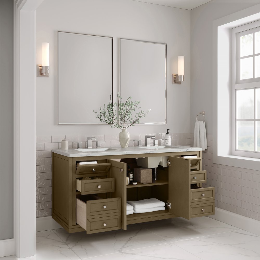 James Martin - Chicago 60" Double Vanity, Walnut Whisper, w/ 3 CM Ethereal Noctis Silestone® Top w/FreePower Wireless Charger - 503-V60D-WLW-FENC view 12
