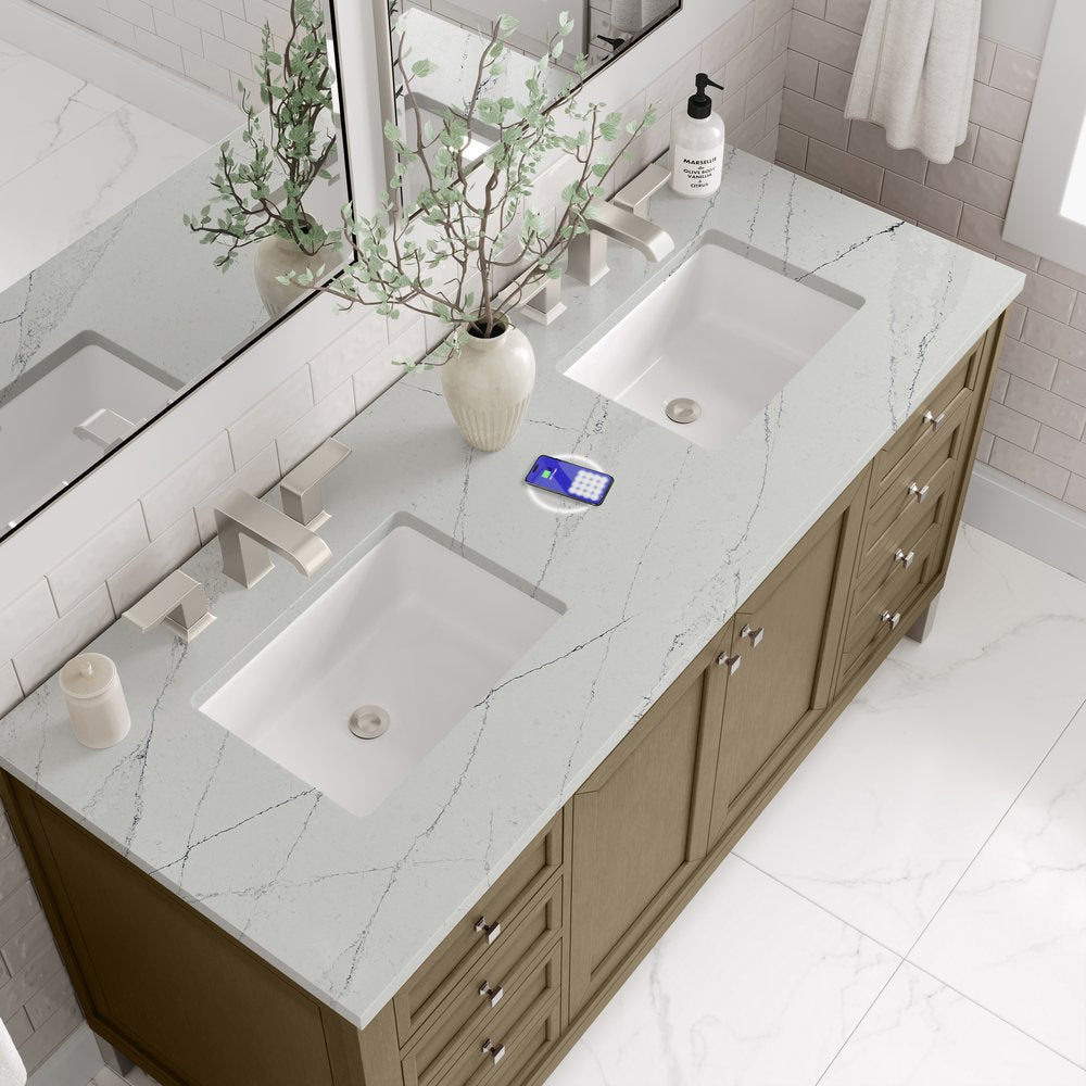 James Martin - Chicago 60" Double Vanity, Walnut Whisper, w/ 3 CM Ethereal Noctis Silestone® Top w/FreePower Wireless Charger - 503-V60D-WLW-FENC view 14