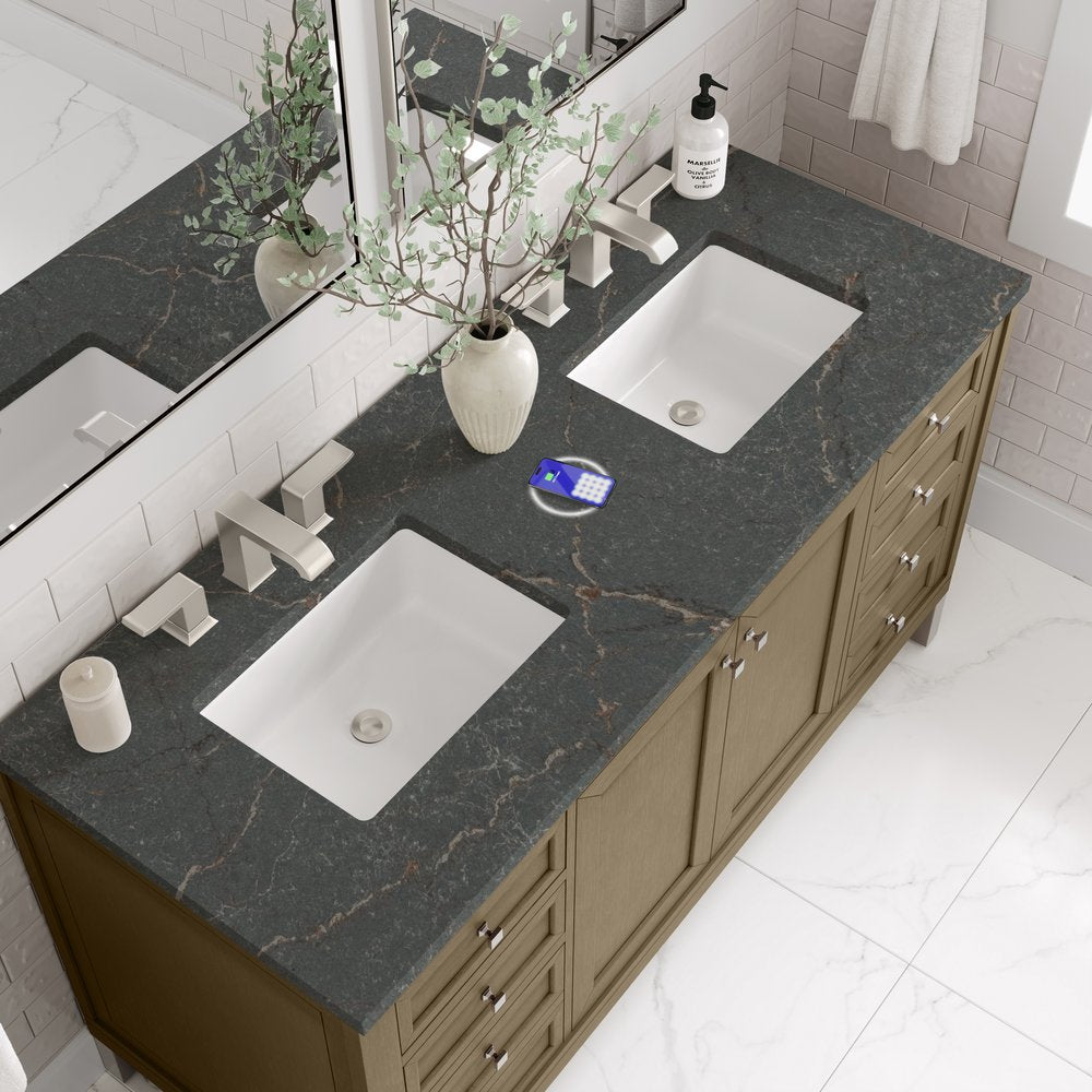 James Martin - Chicago 60" Double Vanity, Walnut Whisper, w/ 3 CM Parisien Bleu Silestone® Top w/FreePower Wireless Charger - 503-V60D-WLW-FPBL view 8
