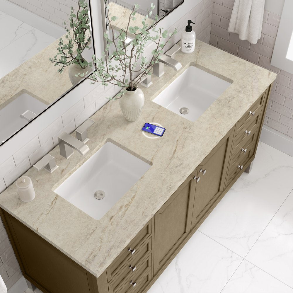 James Martin - Chicago 60" Double Vanity, Walnut Whisper, w/ 3 CM Tajnar Eclos Top w/FreePower Wireless Charger - 503-V60D-WLW-FTJR view 11