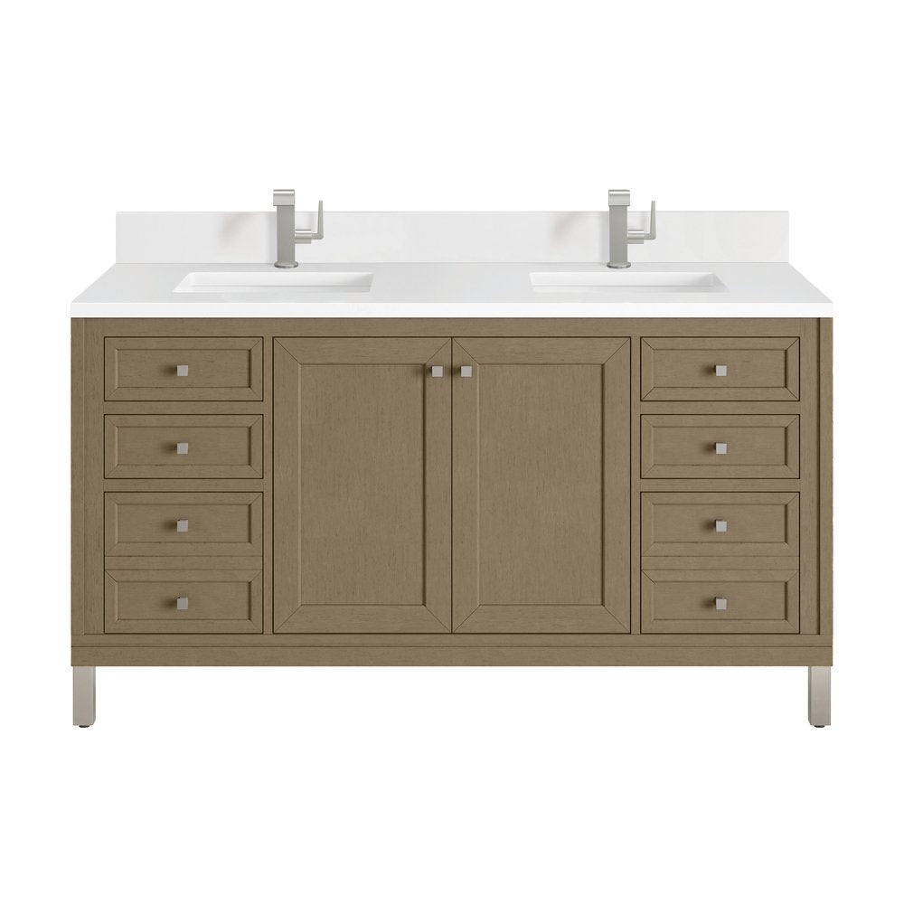 James Martin - Chicago 60" Double Vanity, Walnut Whisper, w/ Single Hole 3CM White Zeus Silestone® Top & Backsplash - 503-V60D-WLW-1WZ view 1