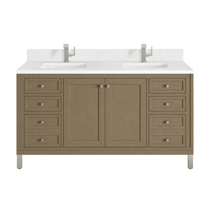James Martin - Chicago 60" Double Vanity, Walnut Whisper, w/ Single Hole 3CM White Zeus Silestone® Top & Backsplash - 503-V60D-WLW-1WZ view 1