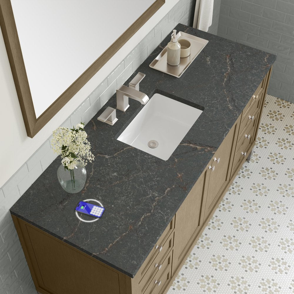 James Martin - Chicago 60" Single Vanity, Walnut Whisper, w/ 3 CM Parisien Bleu Silestone® Top w/FreePower Wireless Charger - 503-V60S-WLW-FPBL view 8