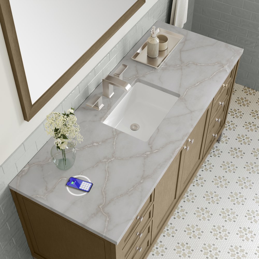 James Martin - Chicago 60" Single Vanity, Walnut Whisper, w/ 3 CM Victorian Silver Silestone Top w/ FreePower Wireless Charger - 503-V60S-WLW-FVSL view 7
