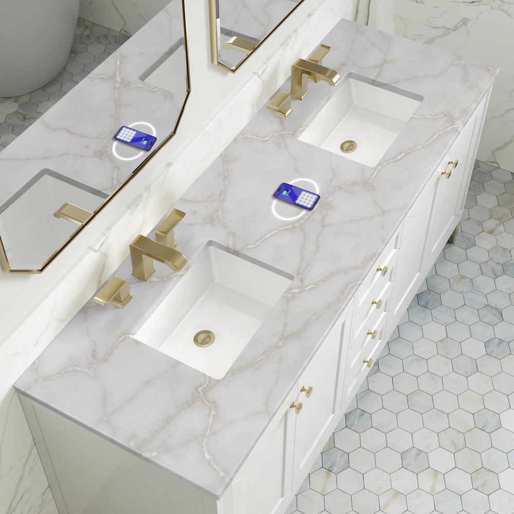 James Martin - Chicago 72" Double Vanity, Glossy White, w/ 3 CM Victorian Silver Silestone Top w/ FreePower Wireless Charger - 503-V72-GW-FVSL view 7