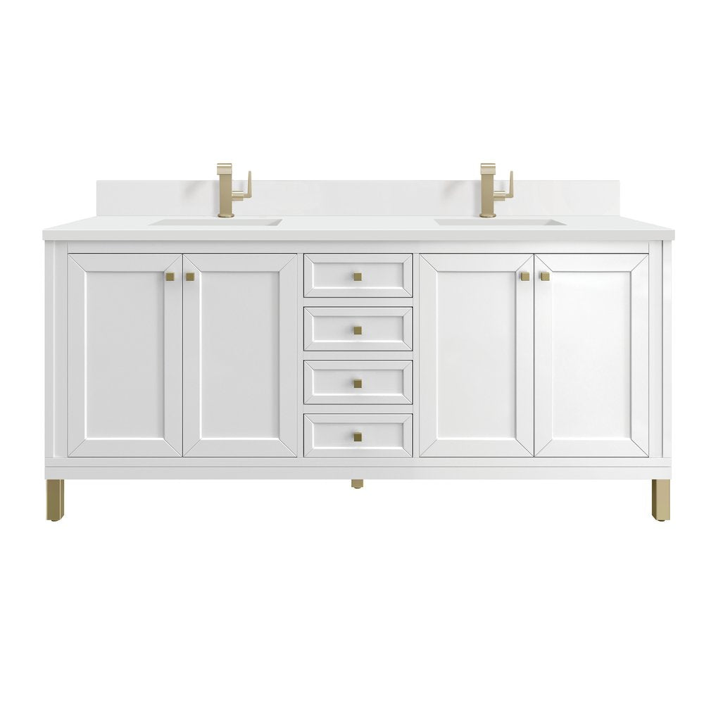 James Martin - Chicago 72" Double Vanity, Glossy White, w/ Single Hole 3CM White Zeus Silestone® Top & Backsplash - 503-V72-GW-1WZ view 1