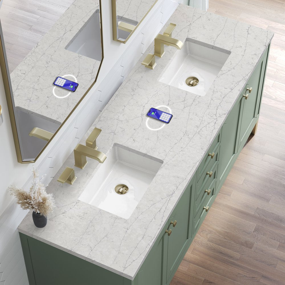 James Martin - Chicago 72" Double Vanity, Smokey Celadon, w/ 3 CM Eternal Jasmine Pearl Silestone Top w/ FreePower Wireless Charger - 503-V72-SC-FEJP view 7
