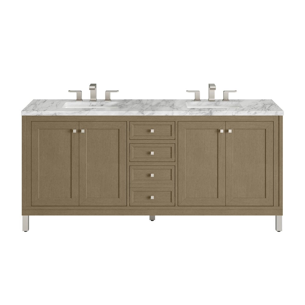 James Martin - Chicago 72" Double Vanity, Walnut Whisper, w/ 3 CM Carrara Marble Top - 503-V72-WLW-3CAR view 1