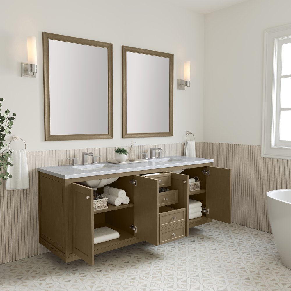 James Martin - Chicago 72" Double Vanity, Walnut Whisper, w/ 3 CM Carrara Marble Top - 503-V72-WLW-3CAR view 12