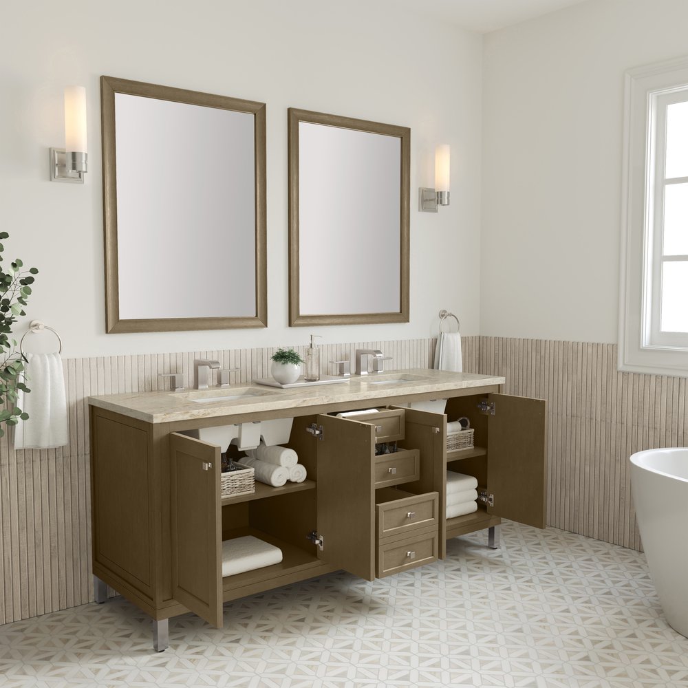 James Martin - Chicago 72" Double Vanity, Walnut Whisper, w/ 3 CM Tajnar Eclos Top w/FreePower Wireless Charger - 503-V72-WLW-FTJR view 9