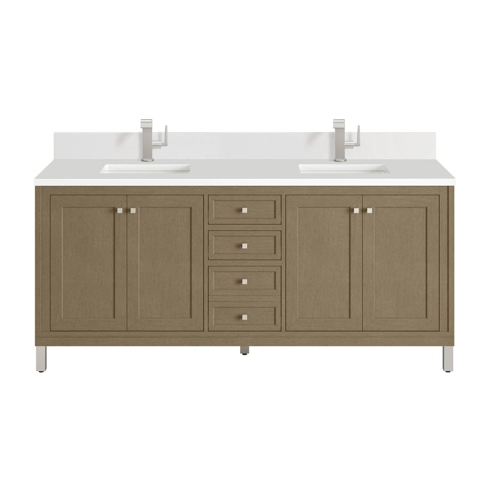 James Martin - Chicago 72" Double Vanity, Walnut Whisper, w/ Single Hole 3CM White Zeus Silestone® Top & Backsplash - 503-V72-WLW-1WZ view 1