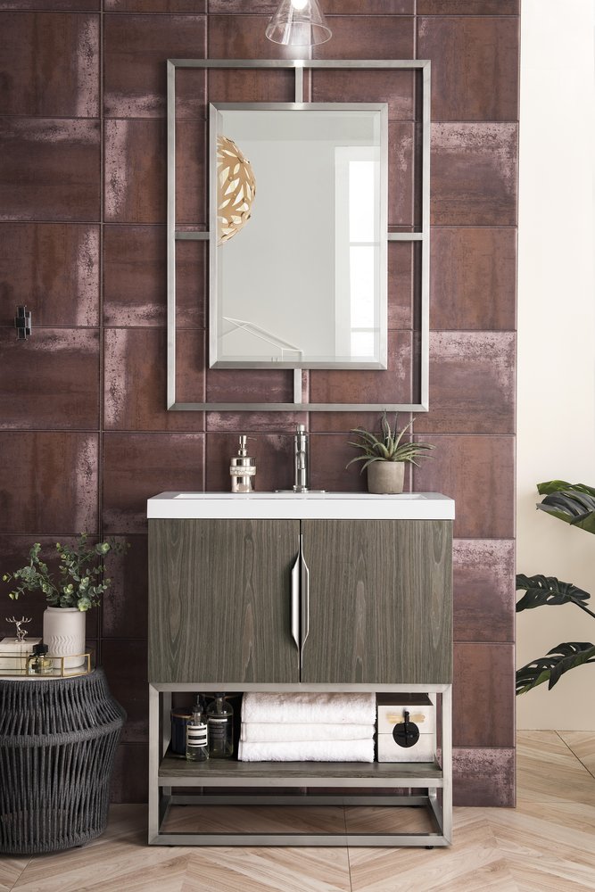James Martin - Columbia 31.5" Single Vanity, Ash Gray, Brushed Nickel, w/ White Glossy Composite Stone Top - 883-V31.5-AG-BN-WG view 2