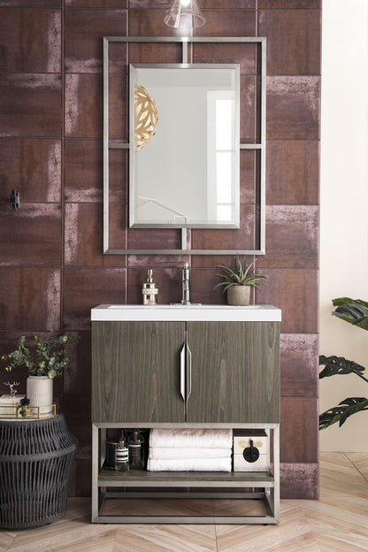 James Martin - Columbia 31.5" Single Vanity, Ash Gray, Brushed Nickel, w/ White Glossy Composite Stone Top - 883-V31.5-AG-BN-WG view 2