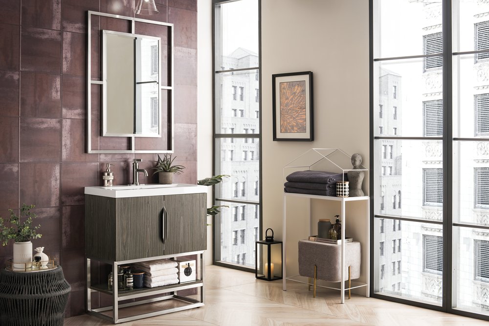 James Martin - Columbia 31.5" Single Vanity, Ash Gray, Brushed Nickel, w/ White Glossy Composite Stone Top - 883-V31.5-AG-BN-WG view 3