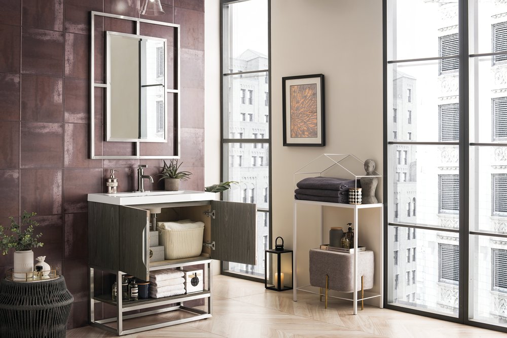 James Martin - Columbia 31.5" Single Vanity, Ash Gray, Brushed Nickel, w/ White Glossy Composite Stone Top - 883-V31.5-AG-BN-WG view 4
