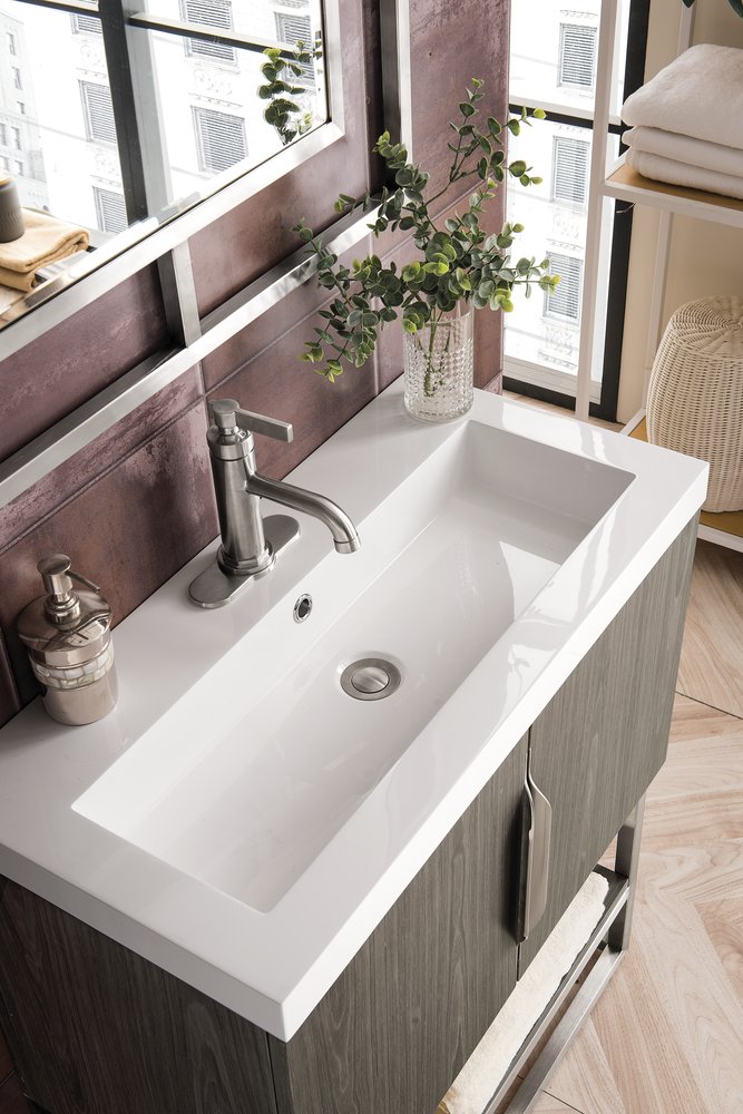 James Martin - Columbia 31.5" Single Vanity, Ash Gray, Brushed Nickel, w/ White Glossy Composite Stone Top - 883-V31.5-AG-BN-WG view 7