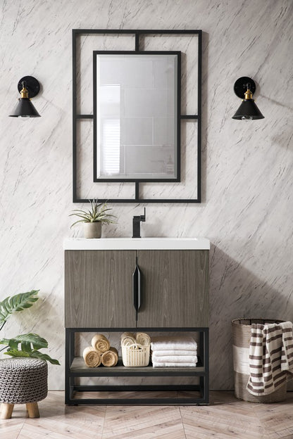 James Martin - Columbia 31.5" Single Vanity, Ash Gray, Matte Black, w/ White Glossy Composite Stone Top - 883-V31.5-AG-MB-WG view 2