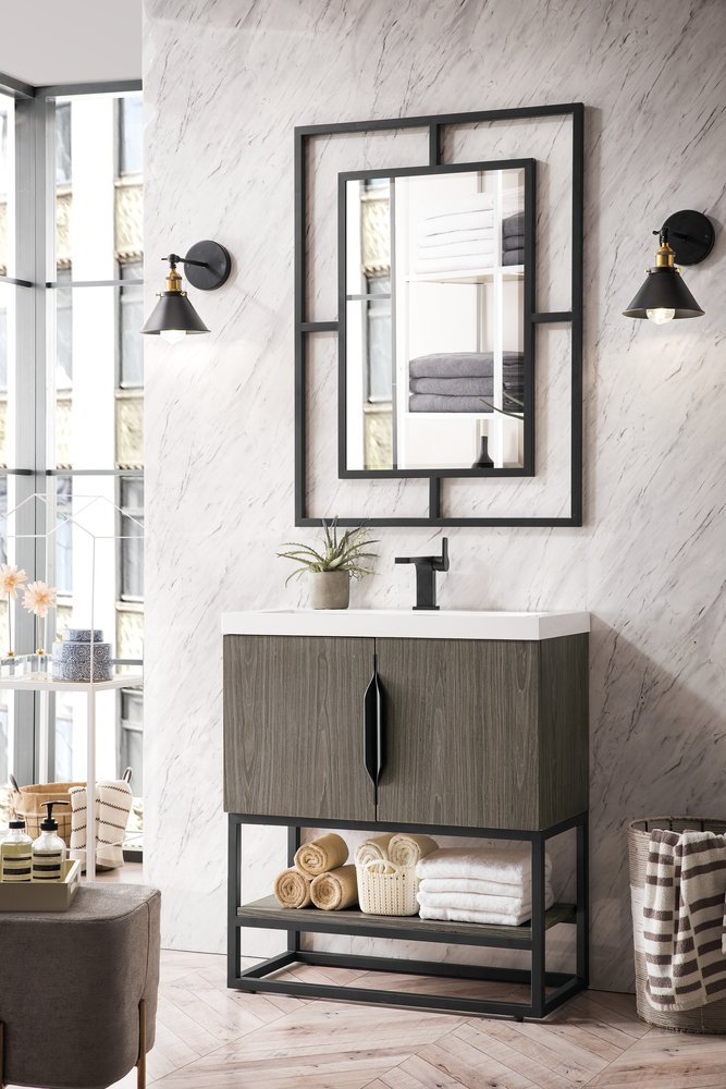 James Martin - Columbia 31.5" Single Vanity, Ash Gray, Matte Black, w/ White Glossy Composite Stone Top - 883-V31.5-AG-MB-WG view 3