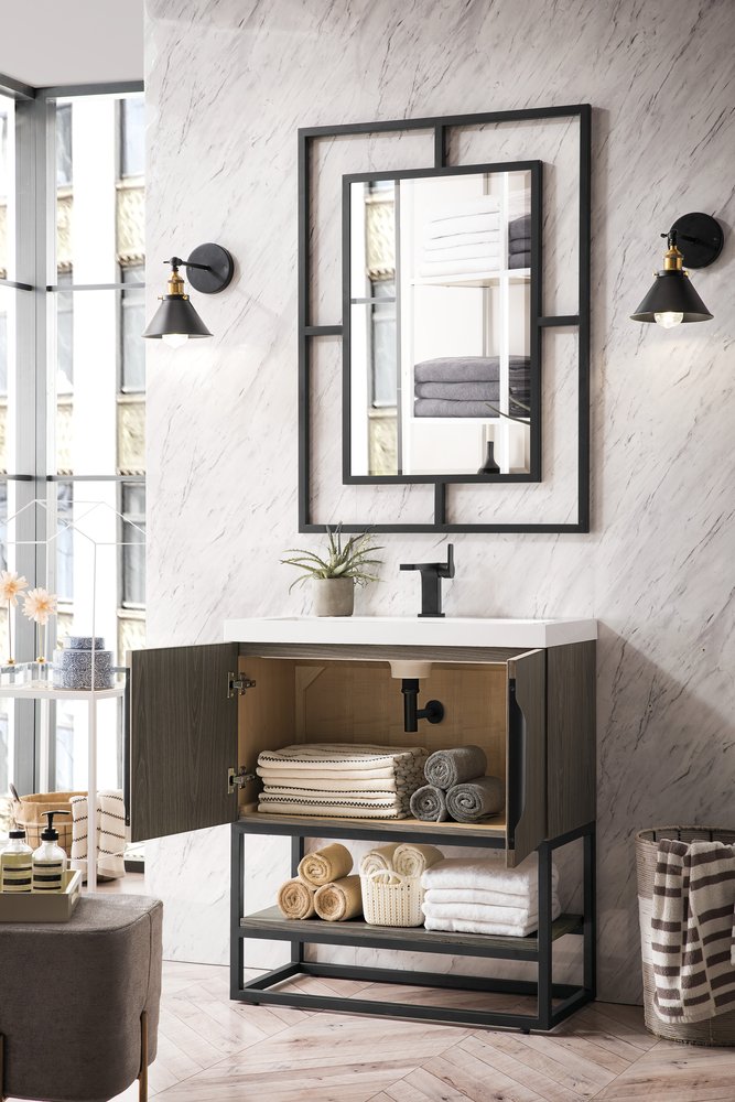 James Martin - Columbia 31.5" Single Vanity, Ash Gray, Matte Black, w/ White Glossy Composite Stone Top - 883-V31.5-AG-MB-WG view 4