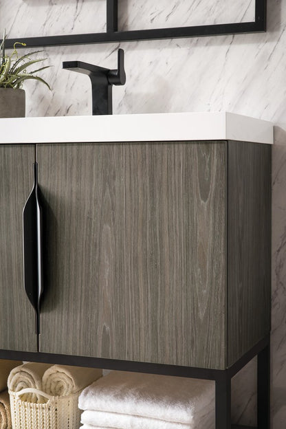 James Martin - Columbia 31.5" Single Vanity, Ash Gray, Matte Black, w/ White Glossy Composite Stone Top - 883-V31.5-AG-MB-WG view 5