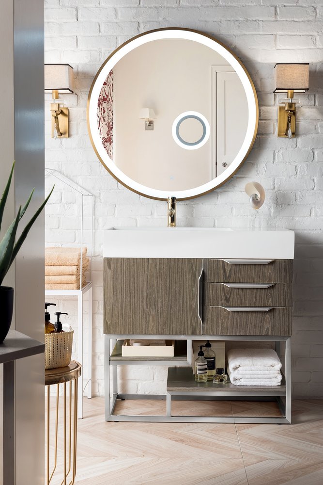 James Martin - Columbia 36" Single Vanity, Ash Gray, Brushed Nickel w/ Glossy White Composite Stone Top - 983-V36-AGR-BN-GW view 2