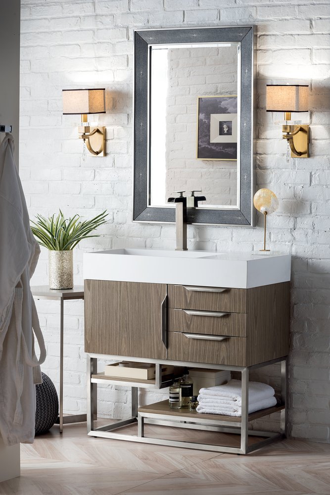 James Martin - Columbia 36" Single Vanity, Ash Gray, Brushed Nickel w/ Glossy White Composite Stone Top - 983-V36-AGR-BN-GW view 3