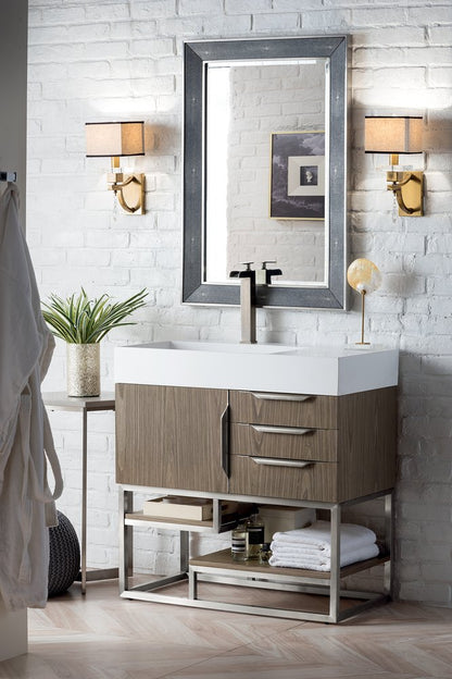 James Martin - Columbia 36" Single Vanity, Ash Gray, Brushed Nickel w/ Glossy White Composite Stone Top - 983-V36-AGR-BN-GW view 3