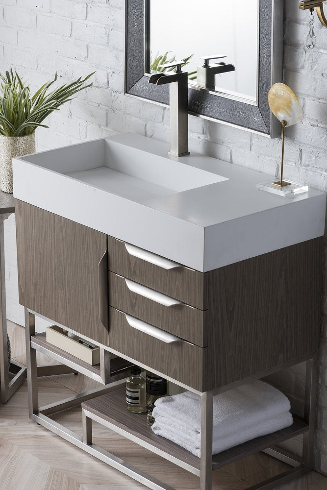 James Martin - Columbia 36" Single Vanity, Ash Gray, Brushed Nickel w/ Glossy White Composite Stone Top - 983-V36-AGR-BN-GW view 5
