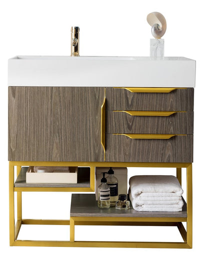 James Martin - Columbia 36" Single Vanity, Ash Gray, Radiant Gold w/ Glossy White Composite Stone Top - 983-V36-AGR-RG-GW view 1