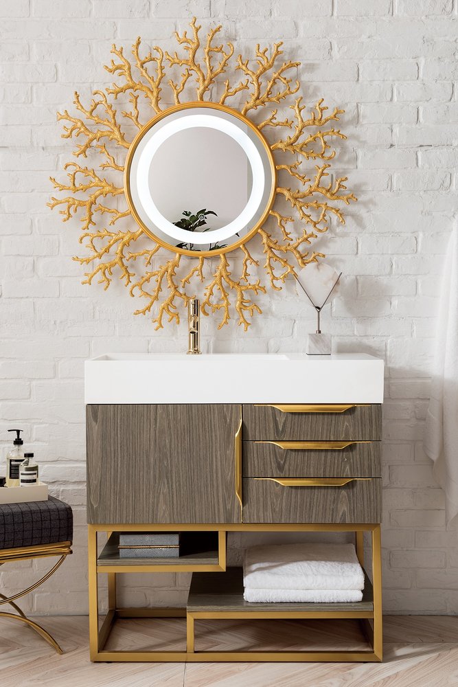 James Martin - Columbia 36" Single Vanity, Ash Gray, Radiant Gold w/ Glossy White Composite Stone Top - 983-V36-AGR-RG-GW view 2