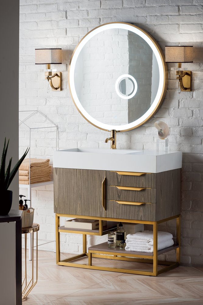 James Martin - Columbia 36" Single Vanity, Ash Gray, Radiant Gold w/ Glossy White Composite Stone Top - 983-V36-AGR-RG-GW view 3
