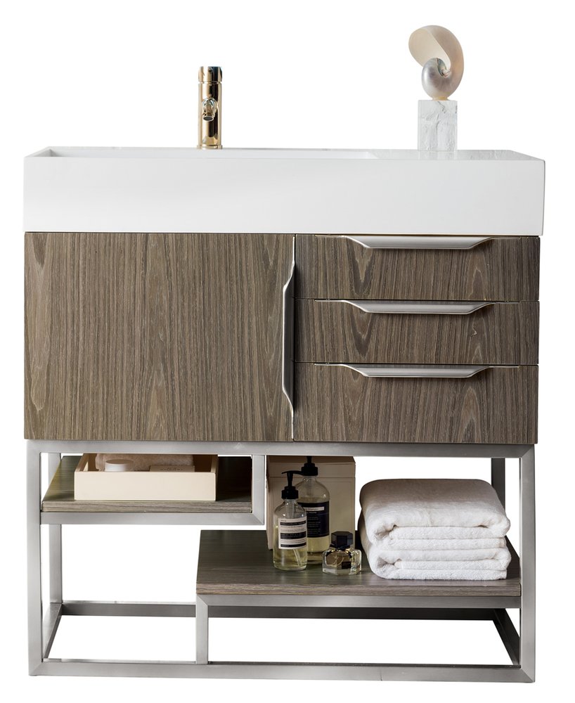 James Martin - Columbia 36" Single Vanity Cabinet, Ash Gray, Brushed Nickel - 983-V36-AGR-BN view 1