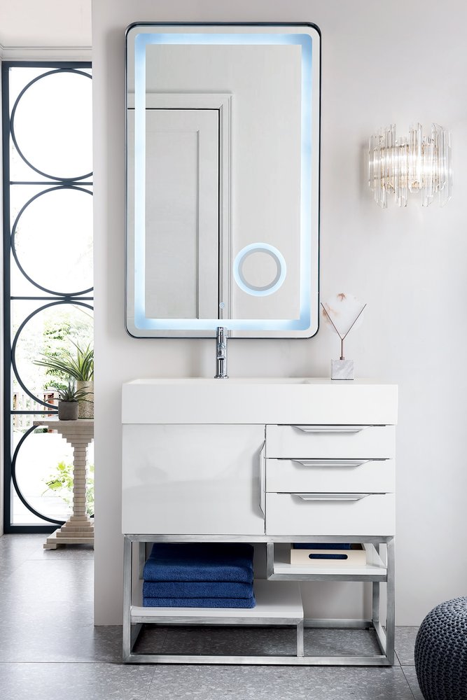 James Martin - Columbia 36" Single Vanity, Glossy White, Brushed Nickel w/ Glossy White Composite Stone Top - 983-V36-GW-BN-GW view 2