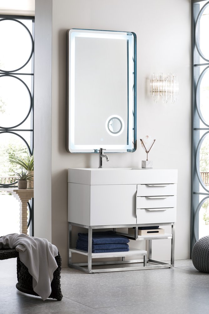 James Martin - Columbia 36" Single Vanity, Glossy White, Brushed Nickel w/ Glossy White Composite Stone Top - 983-V36-GW-BN-GW view 3