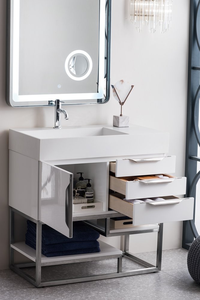 James Martin - Columbia 36" Single Vanity, Glossy White, Brushed Nickel w/ Glossy White Composite Stone Top - 983-V36-GW-BN-GW view 4