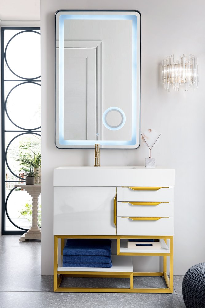 James Martin - Columbia 36" Single Vanity, Glossy White, Radiant Gold w/ Glossy White Composite Stone Top - 983-V36-GW-RG-GW view 2