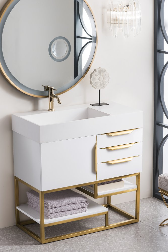 James Martin - Columbia 36" Single Vanity, Glossy White, Radiant Gold w/ Glossy White Composite Stone Top - 983-V36-GW-RG-GW view 3