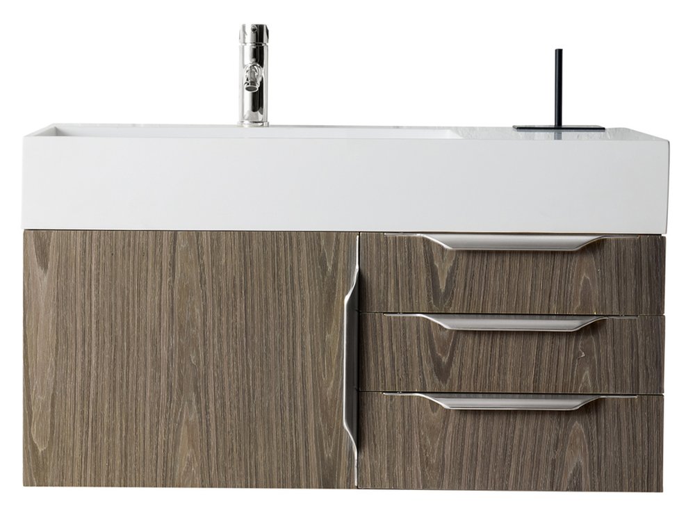James Martin - Columbia 36" Single Wall Mount Vanity, Ash Gray, Brushed Nickel w/ Glossy White Composite Stone Top - 983-V36-W-AG-N-GW view 1