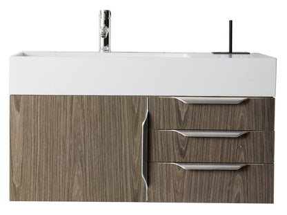 James Martin - Columbia 36" Single Wall Mount Vanity, Ash Gray, Brushed Nickel w/ Glossy White Composite Stone Top - 983-V36-W-AG-N-GW view 1