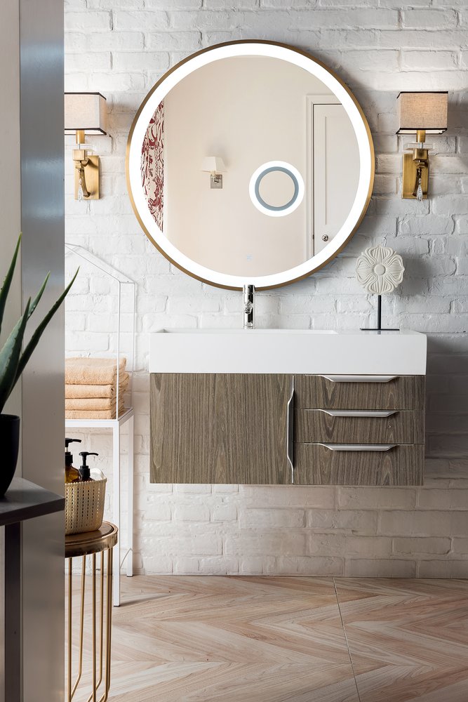James Martin - Columbia 36" Single Wall Mount Vanity, Ash Gray, Brushed Nickel w/ Glossy White Composite Stone Top - 983-V36-W-AG-N-GW view 2