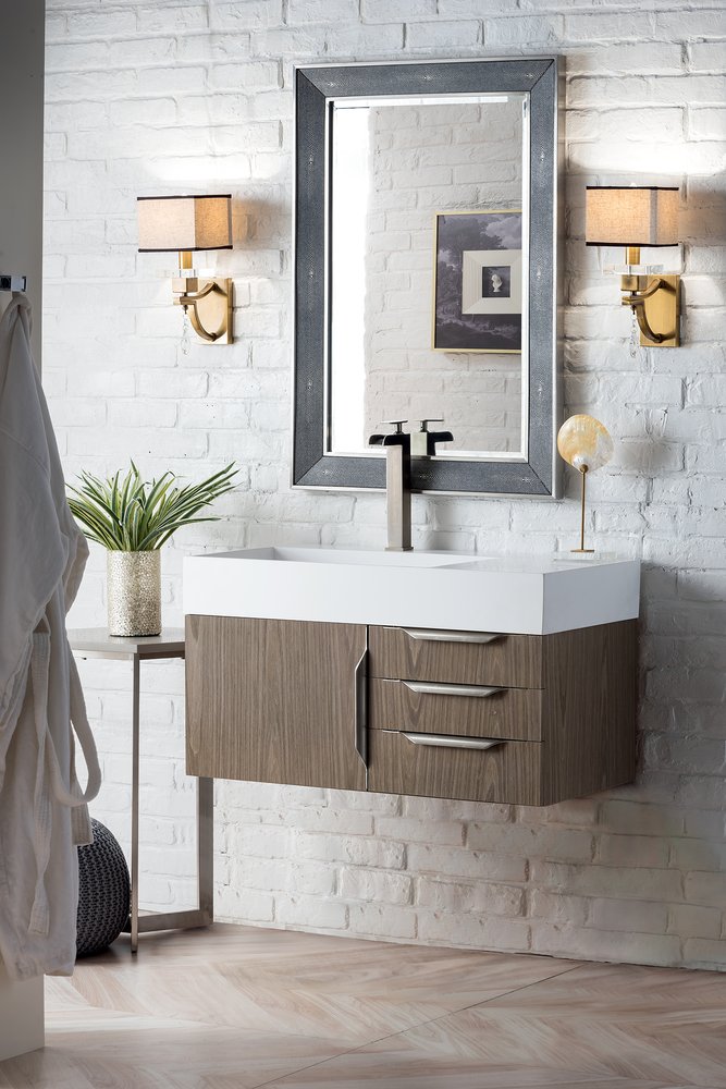 James Martin - Columbia 36" Single Wall Mount Vanity, Ash Gray, Brushed Nickel w/ Glossy White Composite Stone Top - 983-V36-W-AG-N-GW view 5